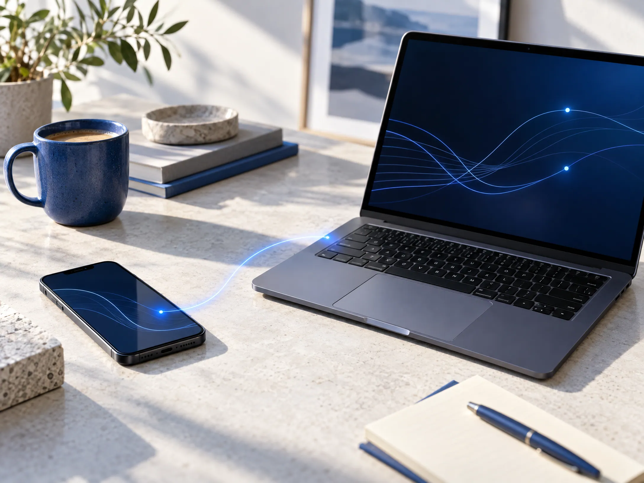 Laptop and smartphone connected by an abstract cobalt light path