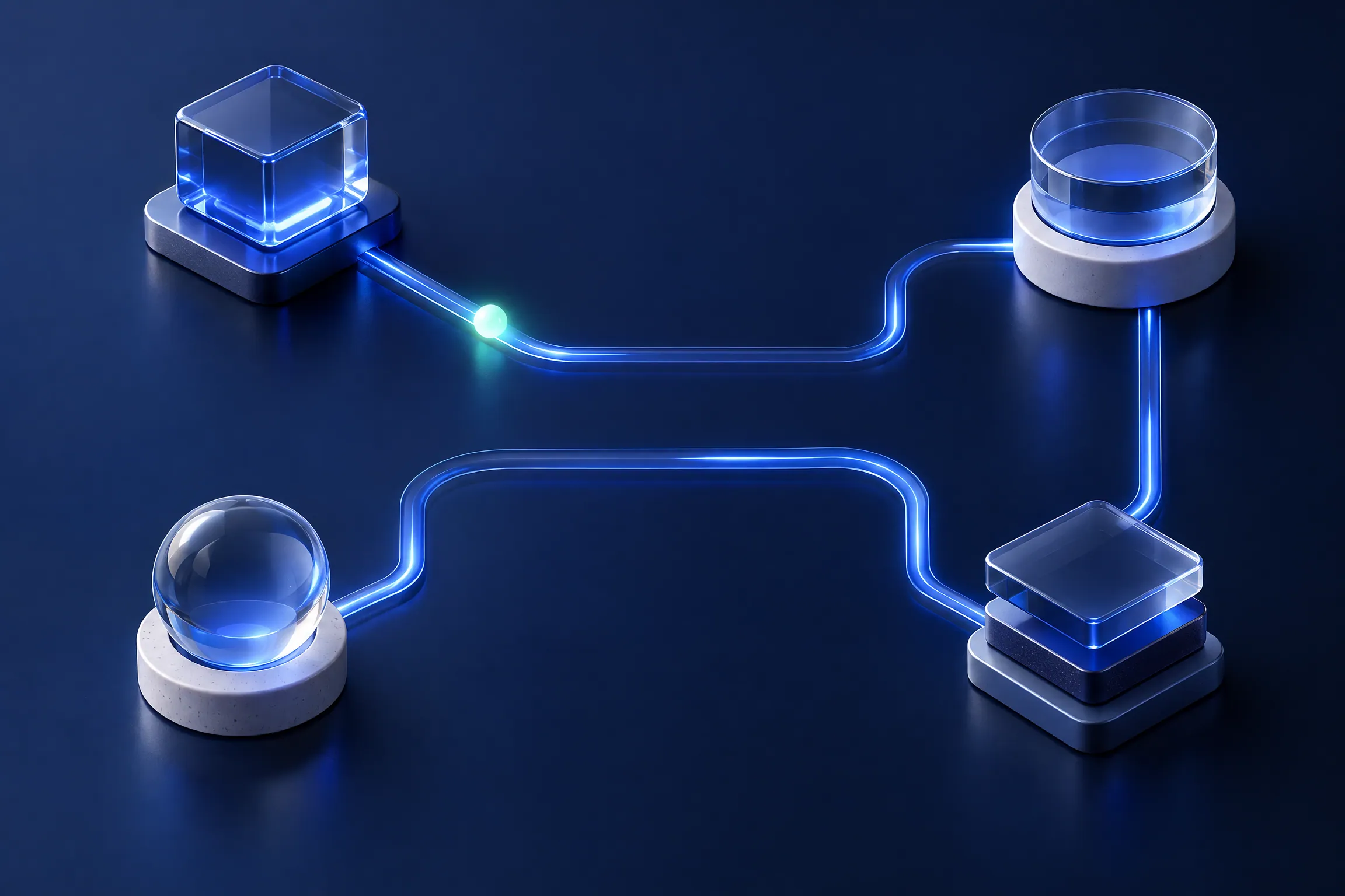 Devices connected by a blue abstract signal